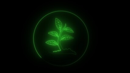Green neon plant illustration inside glowing circle on black background image