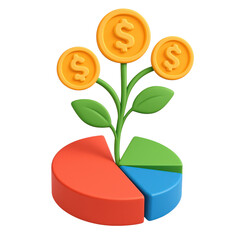 financial benefits budget optimization concept. A growth chart with coins and pie sections.