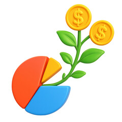 financial benefits budget optimization concept. Colorful pie chart with a plant and coins emerging from it.