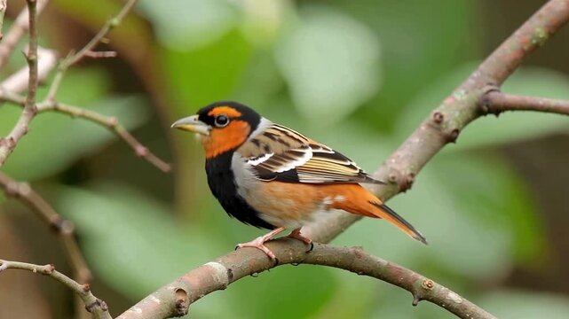 Colorful bird perched on a branch surrounded by green foliage in nature