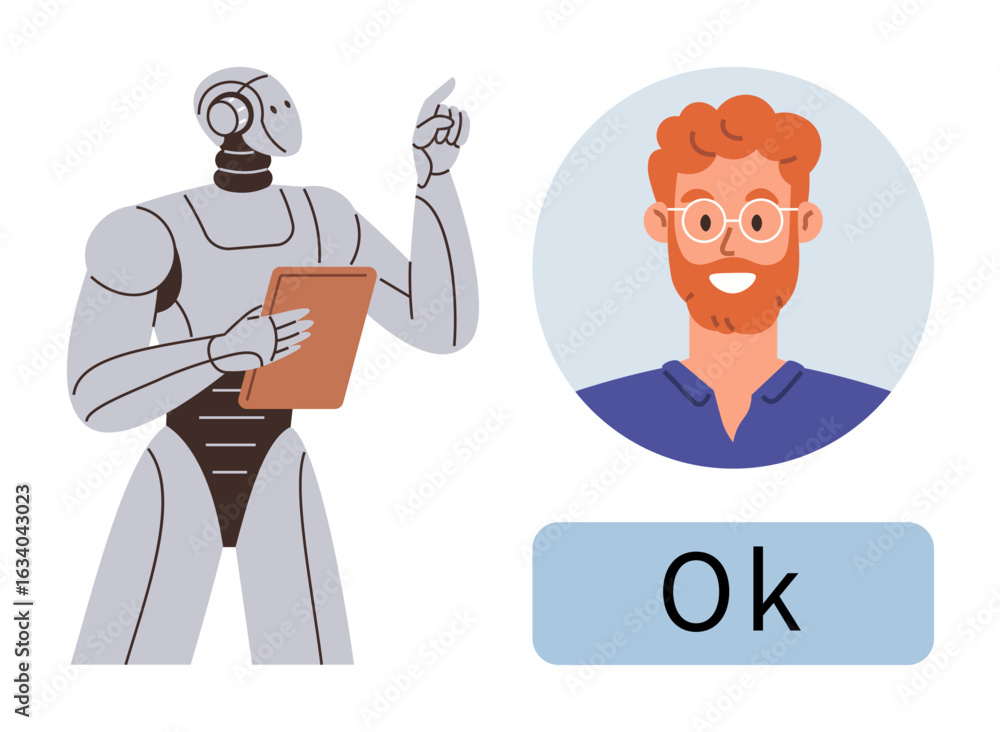 Poster humanoid robot holding a tablet gesturing thoughtfully alongside a bearded mans portrait and ok appr