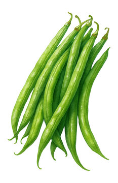 Realistic watercolor illustration of fresh green string beans, showcasing their elongated shape and vibrant color on transparent background.