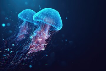 Bioluminescent jellyfish with glitch effect, underwater theme, and space for text