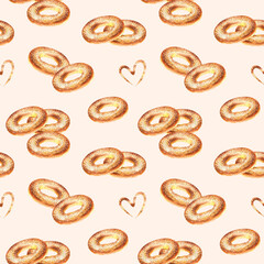 Bagels with sesame seeds and hearts seamless pattern. Fresh bakery. Watercolor hand drawn food illustration on beige background. Simple design for wrapping paper, packaging, cookbook.