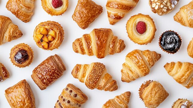 Assorted Fresh Baked Pastries on White Background for Food Lovers - Powered by Adobe