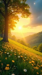 Serene landscape bathed in golden sunlight, symbolizing peace and blessings; perfect for concepts of faith, hope, and spiritual renewal , blessings of God, religious, divine