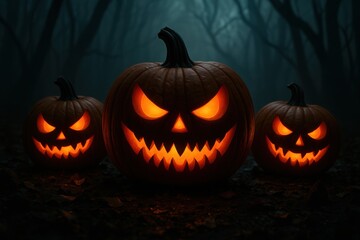 Sinister pumpkins in a haunted forest, great for spooky promotions, thriller covers, event posters, and dark seasonal content.
