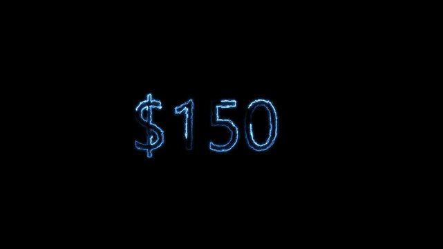 Glowing Neon 150 Dollars Text Icon Animation on Black Background | 4K Loop