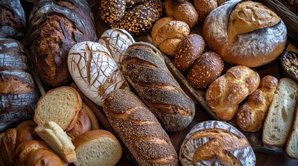 Assorted Freshly Baked Breads on Rustic Wooden Table