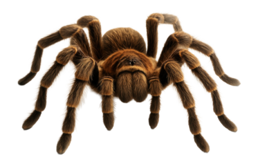 Close-up view of a large, hairy brown tarantula with detailed texture on transparent background.