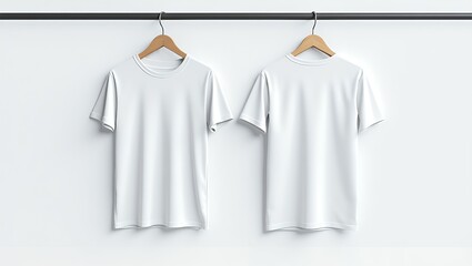 Plain White T-Shirt Front and Back Hanging on Rack With Clean Background for Apparel Mockup and Branding