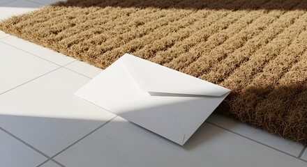 White Envelope Mockup Under Woven Doormat on Floor
