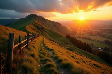 Golden sunrise illuminates Mam Tor & Hope Valley fence , sun, scenery