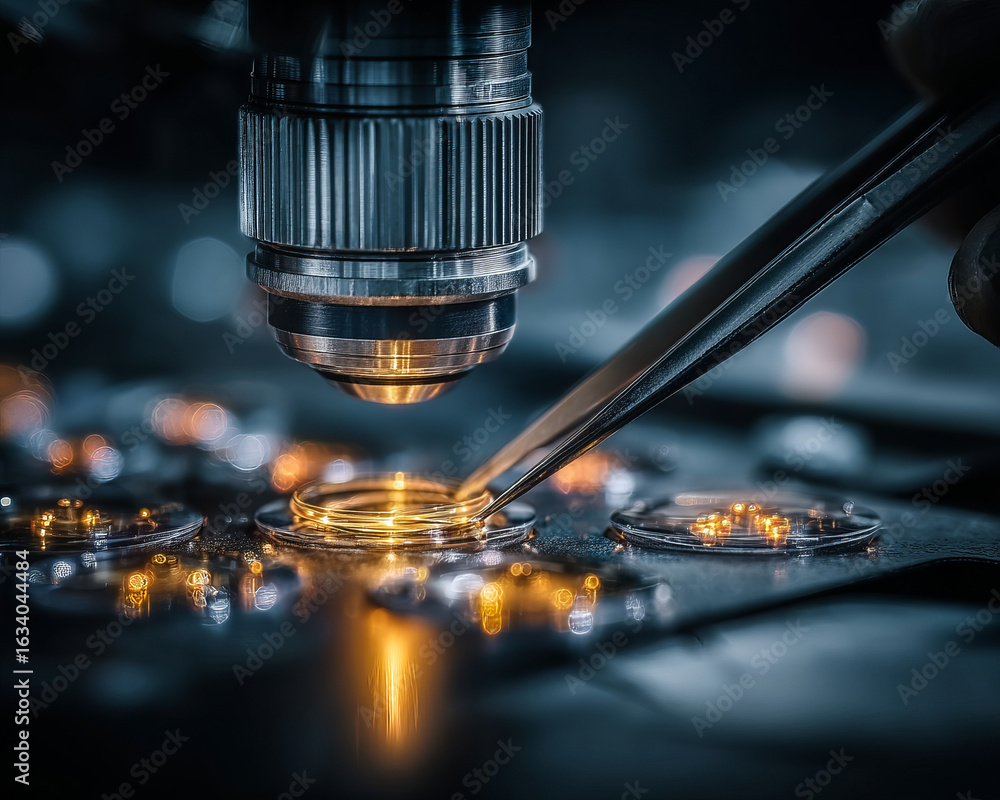 Poster microscope lens focusing on small electronic components with tweezers adjusting parts under warm lig