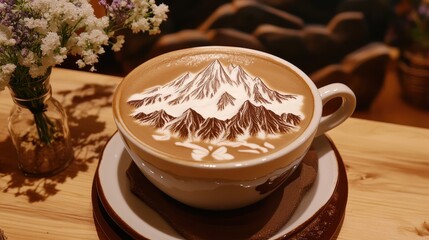 Artistic Coffee Latte with Mountain Design in Cozy Cafe Setting