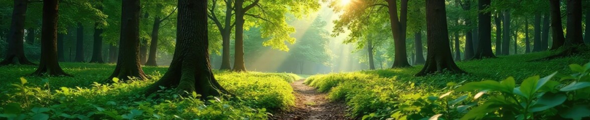 Sun-dappled forest floor, lush green foliage, towering trees creating a canopy overhead, peaceful woodland scene Perfect for nature, environmental, and conservation projects , dappled light, leaves