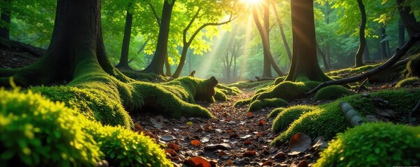 Sun-dappled forest floor, lush green moss covering ancient fallen logs, dappled sunlight filtering through leaves, peaceful woodland scene , timber, forest floor