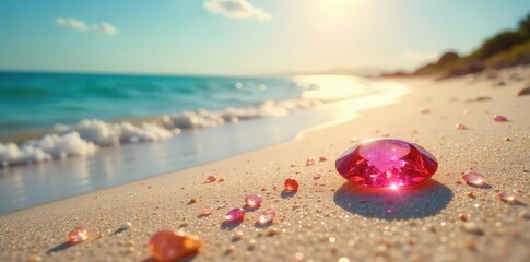 Sun-drenched beach, sparkling jewels scattered across the sand, reflecting sunlight A tranquil scene of nature's treasures Perfect for travel, luxury, and summer themes , summer, sun, coastal