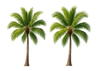 Two lush green palm trees with tall slender trunks and wide fronds on transparent background.