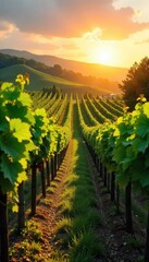 Sun-drenched rows of grapevines stretching across a rolling hillside, lush green leaves and ripening fruit ready for harvest A picturesque vineyard landscape at golden hour , rows, sunshine