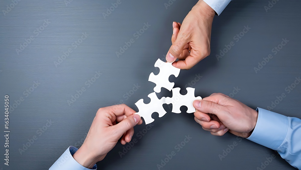 Poster three diverse hands connect white puzzle pieces together in a collaborative effort symbolizing teamw