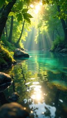 Sunlight dappling through leaves onto a clear water surface, creating shimmering reflections Perfect for nature, serenity, and environmental themes , sunlight, sunlight reflection