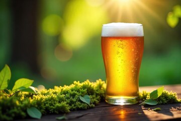 Sunlight dapples through leaves onto a glass of golden ale, resting on a mossy, rustic wooden surface outdoors The scene evokes a sense of tranquility and natural brewing , crisp, forest