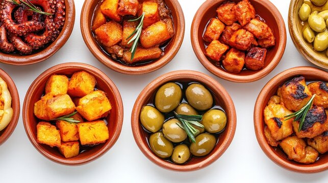 Assorted Mediterranean Dishes in Traditional Clay Bowls on White Surface