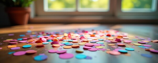 Colorful confetti scattered on wooden desk near window , office decor, desktop