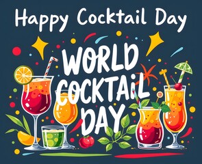 Celebratory Illustration for World Cocktail Day Featuring Colorful Drinks and Festive Design Elements for Happy Cocktail Day Celebration