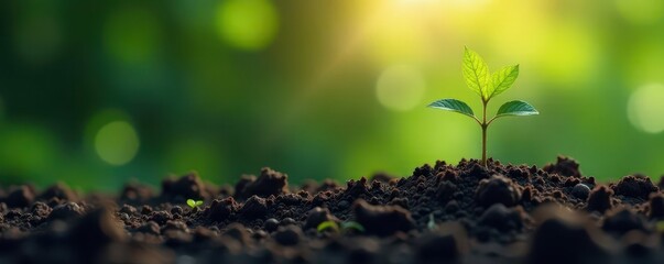 Tiny tree emerges from dark, rich soil, sunlit leaves reaching upward , hope, ecology