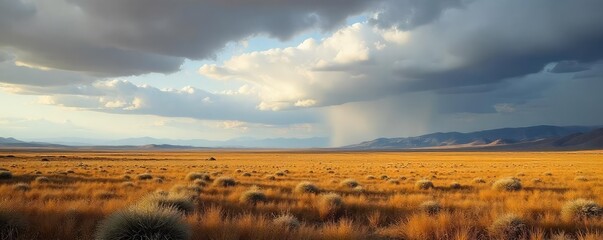 Vast, open plains stretching to the distant, hazy horizon under a dramatic sky; quintessential national park landscape Perfect for travel brochures and environmental publications , ecology, landscape