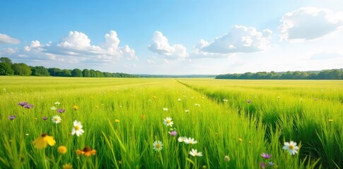 Vast expanse of tallgrass prairie swaying gently in the breeze, wildflowers dotting the landscape under a bright summer sky A tranquil scene of untouched nature , purple, grass, untouched