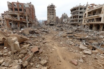 Ruins of buildings and debris dominate the landscape after a major conflict, showcasing the impact on the once-bustling city