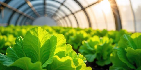Vibrant green lettuce thrives in a warm, sunlit greenhouse during a cold winter Perfect for articles on sustainable agriculture, winter gardening, and hydroponics , produce, harvest, botany