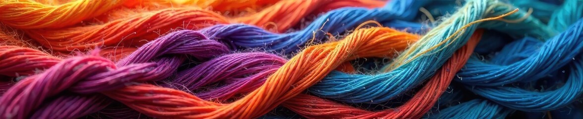 Vibrant multicolored threads intertwined, creating a complex and visually stunning textile design Perfect for projects focused on color, texture, and artistry , handmade, visual