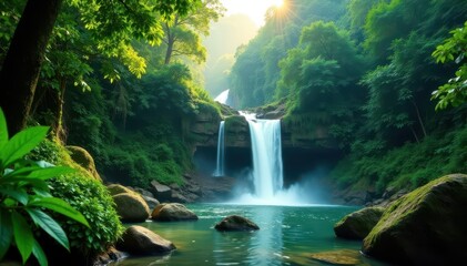 Cascading Huay Mae Khamin waterfall in lush green rainforest , forest, tranquility