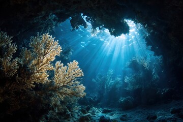 Sunlight streams through underwater coral reef. Bubbles rise in vibrant blue water.