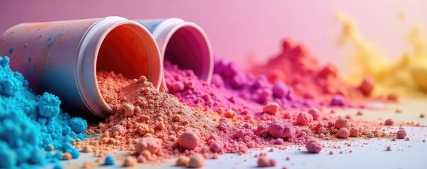Vibrant pastel powder colors spill from overturned containers, creating a colorful, textured explosion of soft hues perfect for artistic backgrounds or product displays , background, tints