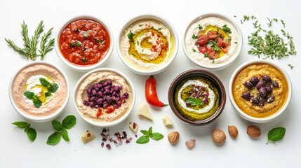 Assorted Dips and Spreads in Bowls with Fresh Herbs and Nuts