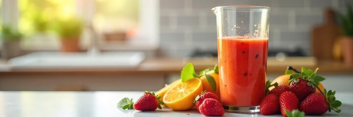 Vibrant smoothie ingredients blended in a powerful mixer, creating a refreshing and healthy beverage Perfect for healthy eating, recipe blogs, and kitchen appliance websites , dairy, drink