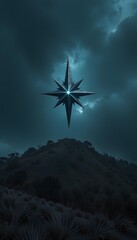 Ethereal Starburst Over Misty Hills at Twilight, Surreal Landscape with Dramatic Clouds and a Bright Celestial Object Shining in the Dark Sky