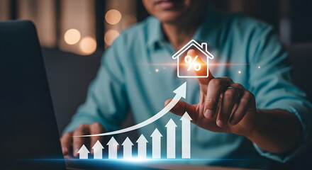 Businessman touching a glowing arrow showing upward growth on a virtual real estate chart, indicating market appreciation.