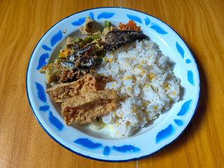 A portion of typical Indonesian mixed rice served on a classic blue and white patterned enamel plate, consisting of corn rice, a piece of dried fish, fried tempeh, stir-fry and chili sauce. Delicious 
