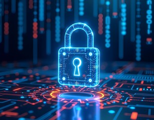 Futuristic Digital Lock with Glowing Circuitry and Data Streams Representing Cybersecurity and Data Protection in a Virtual Environment