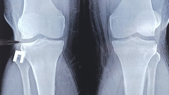 Doctor learn X-ray of Knee joint dislocation after accident. Patellar joint instability. Tibial dislocation in relation to the femur. 4k footage.