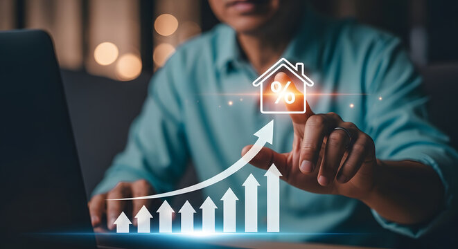 Businessman touching a glowing arrow showing upward growth on a virtual real estate chart, indicating market appreciation.