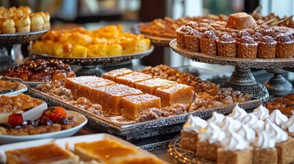 Fototapeta premium Assorted Pastries and Desserts on Elegant Display Table