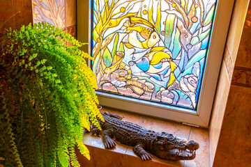 Bathroom windows with fish mosaic images window colors in Belarus.
