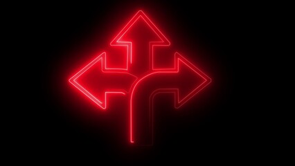 Red neon arrow sign pointing in three directions against black background image